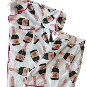 Sheshow Pajama Set Womens Medium White New Champagne Bottle Print‎ Short Sleeve